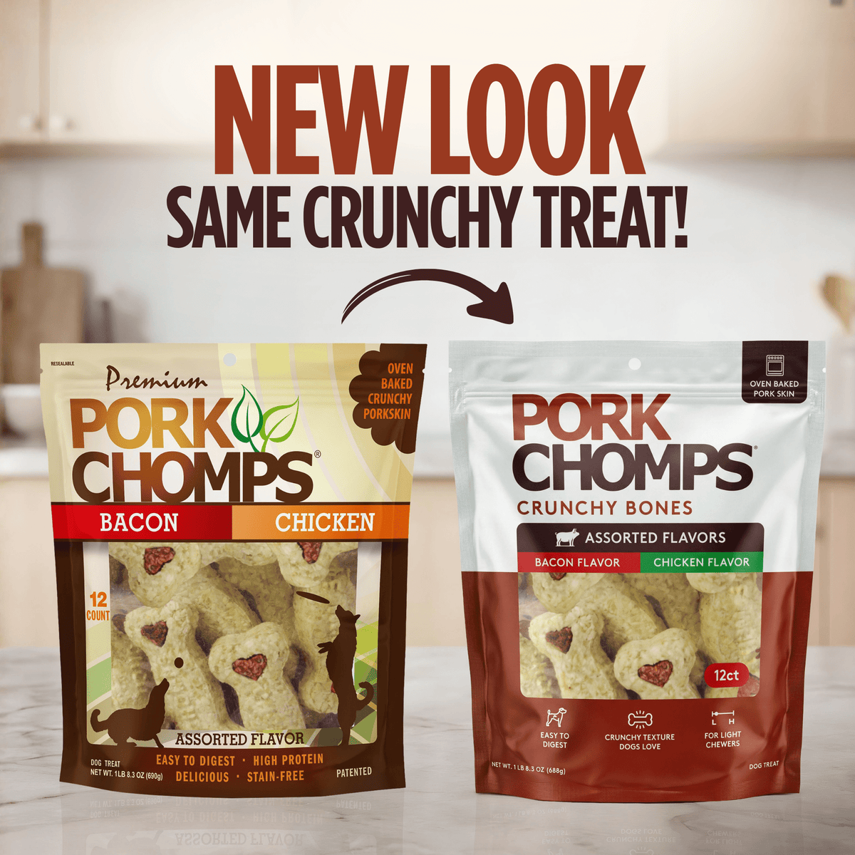 Pork Chomps - 4" Assorted Bacon & Chicken Flavor Crunchy Bone - 12 Count New Look