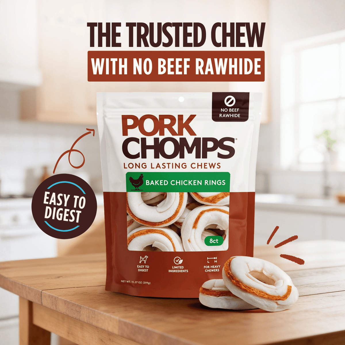 Pork Chomps - 2.5" Pressed Rings with Real Chicken - 8 Count