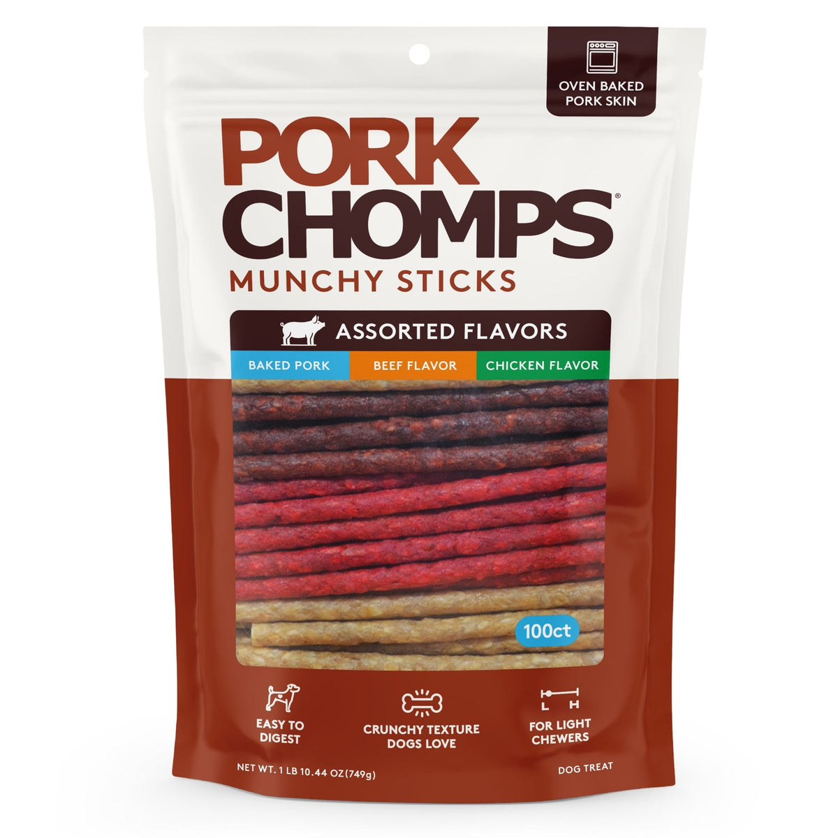 Pork Chomps - 4-5" Assorted Natural, Beef & Chicken Flavor Munchy Sticks - 100 Count