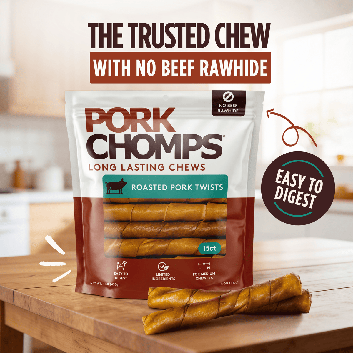 Pork Chomps - Roasted Pork Twists - 15 Count