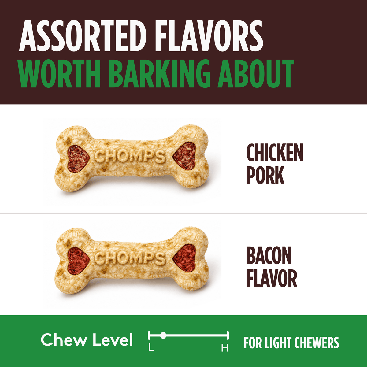 Pork Chomps - 4" Assorted Bacon & Chicken Flavor Crunchy Bone - 12 Count