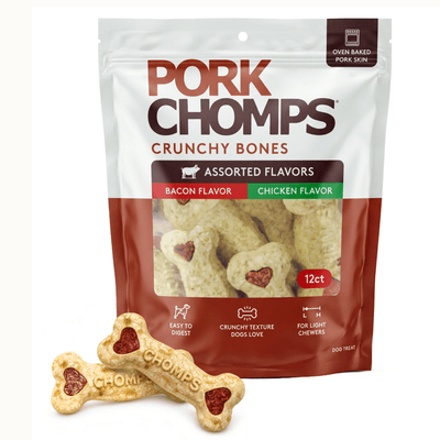 Pork Chomps - 4" Assorted Bacon & Chicken Flavor Crunchy Bone - 12 Count