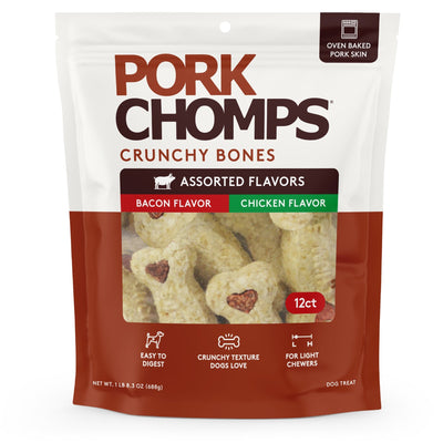Pork Chomps - 4" Assorted Bacon & Chicken Flavor Crunchy Bone - 12 Count