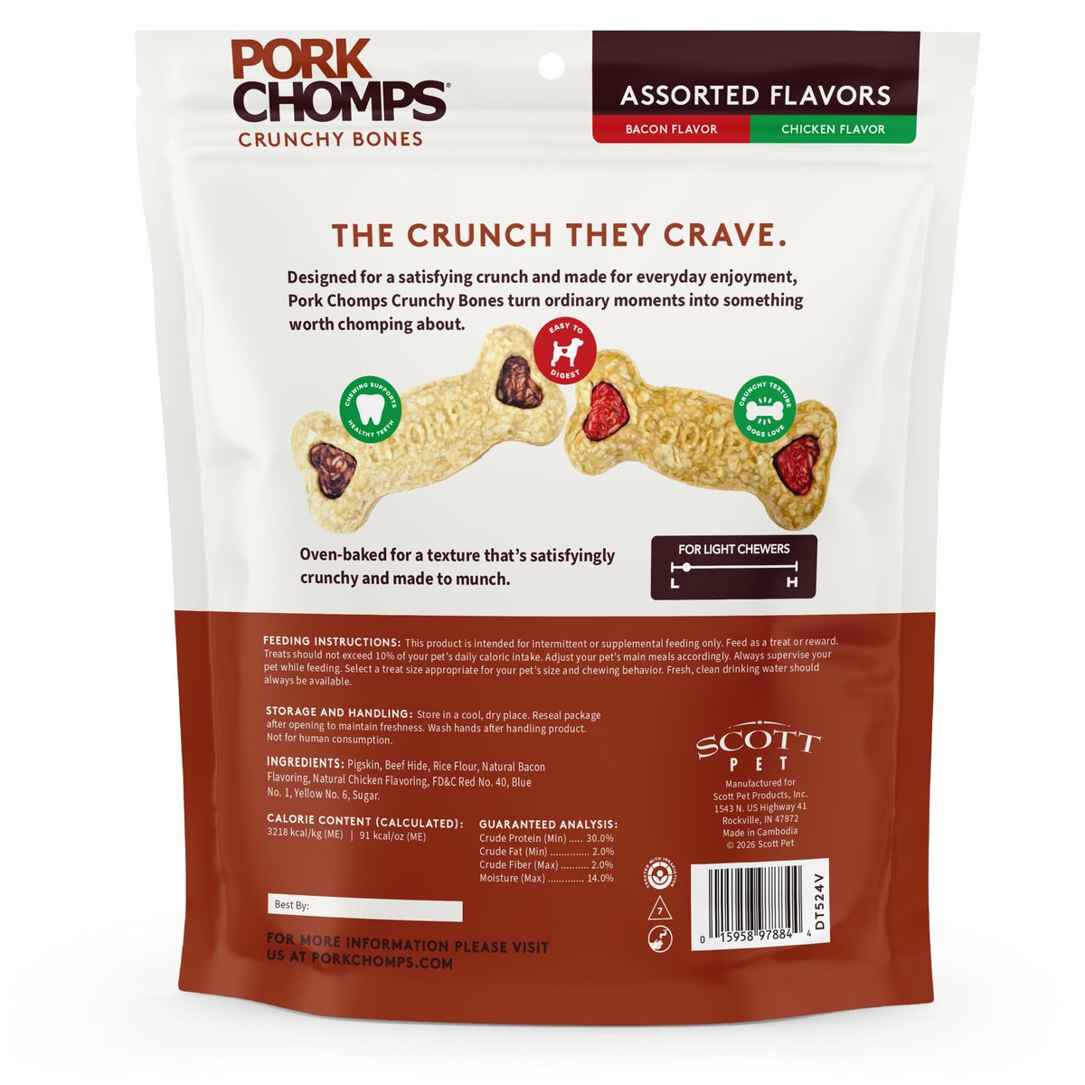 Pork Chomps - 4" Assorted Bacon & Chicken Flavor Crunchy Bone - 12 Count