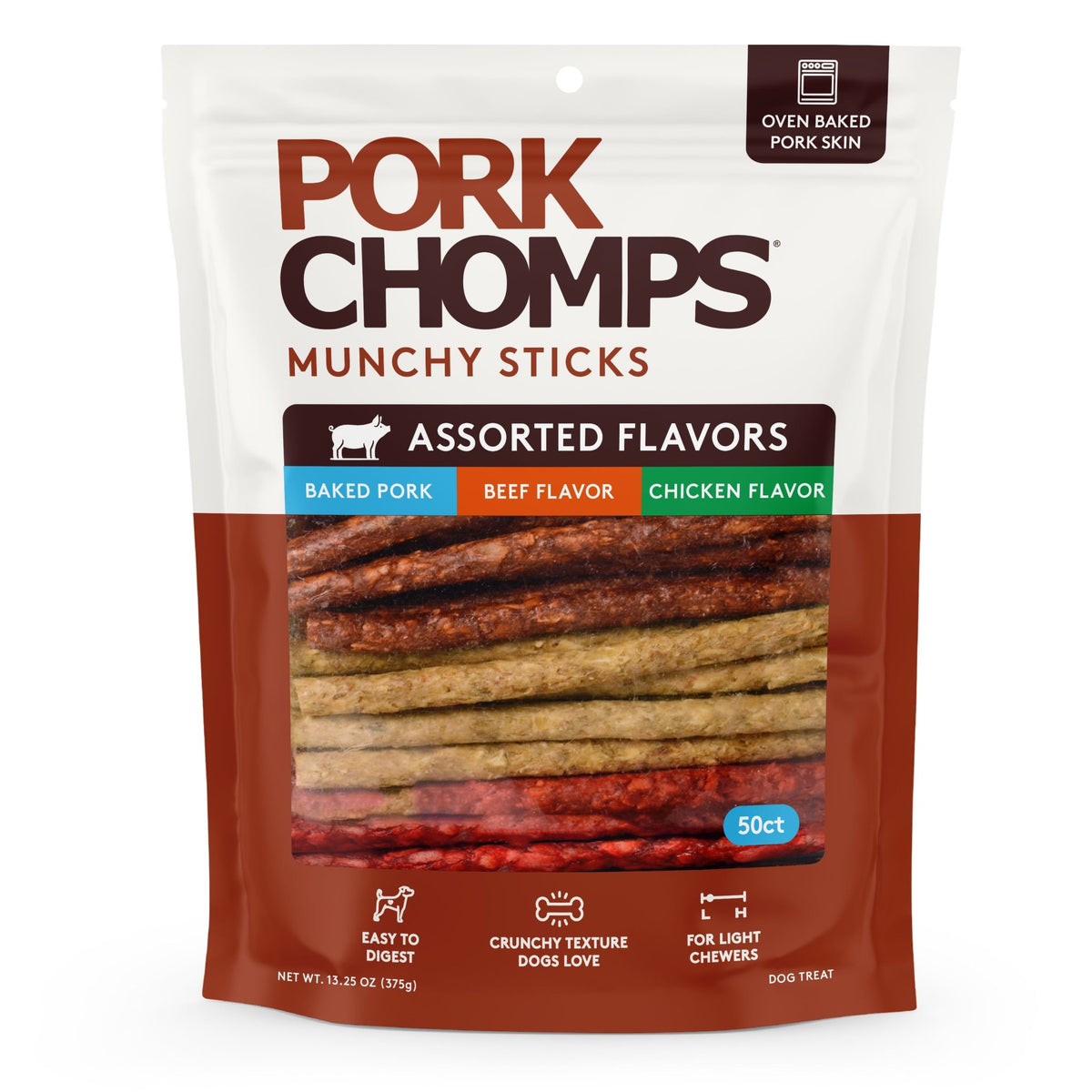 Pork Chomps - 4-5" Assorted Natural, Beef & Chicken Flavor Munchy Sticks - 50 Count