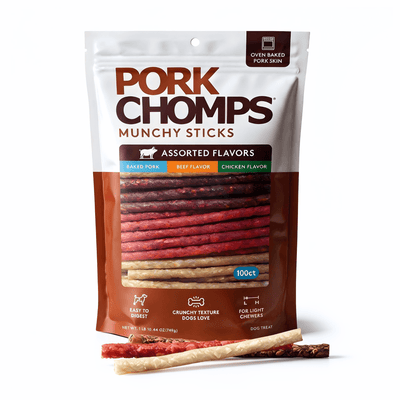 Pork Chomps - 4-5" Assorted Natural, Beef & Chicken Flavor Munchy Sticks - 100 Count