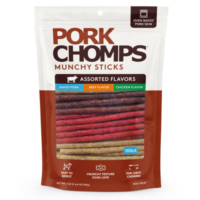 Pork Chomps - 4-5" Assorted Natural, Beef & Chicken Flavor Munchy Sticks - 100 Count