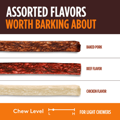 Pork Chomps - 6" Assorted Natural, Beef and Chicken Flavor Crunchy Strips - 50 Count