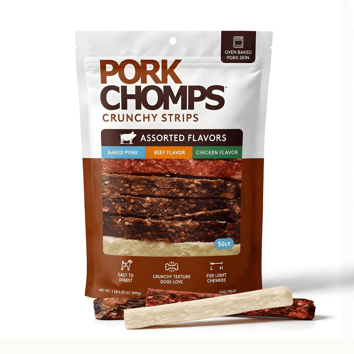 Pork Chomps - 6" Assorted Natural, Beef and Chicken Flavor Crunchy Strips - 50 Count
