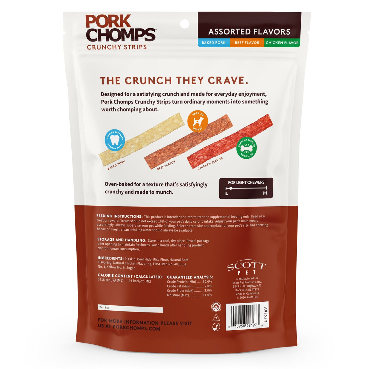 Pork Chomps - 6" Assorted Natural, Beef and Chicken Flavor Crunchy Strips - 50 Count